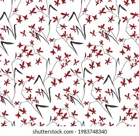 Seamless floral pattern in Japanese ink painting style. Abstract composition of small red flowers on a branch, black and gray foliage on a white background. Vector.