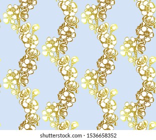 Seamless floral pattern with Japanese quince flowers and ornamental decorative background. Vector pattern. Print for textile, cloth, wallpaper, scrapbooking
