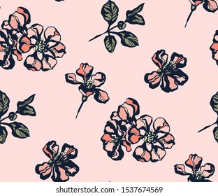 Seamless floral pattern with Japanese quince flowers and ornamental decorative background. Vector pattern. Print for textile, cloth, wallpaper, scrapbooking