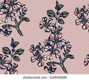 Seamless floral pattern with Japanese quince flowers and ornamental decorative background. Vector pattern. Print for textile, cloth, wallpaper, scrapbooking