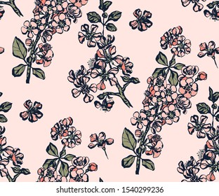 Seamless floral pattern with Japanese quince flowers and ornamental decorative background. Vector pattern. Print for textile, cloth, wallpaper, scrapbooking