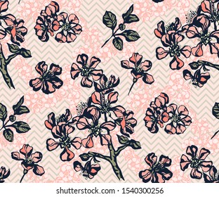 Seamless floral pattern with Japanese quince flowers and ornamental decorative background. Vector pattern. Print for textile, cloth, wallpaper, scrapbooking