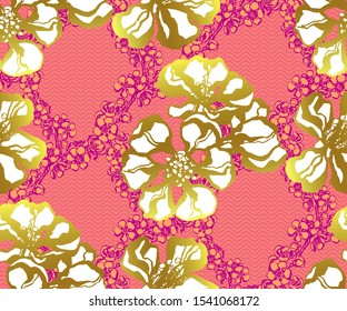Seamless floral pattern with Japanese quince flowers and ornamental decorative background. Vector pattern. Print for textile, cloth, wallpaper, scrapbooking
