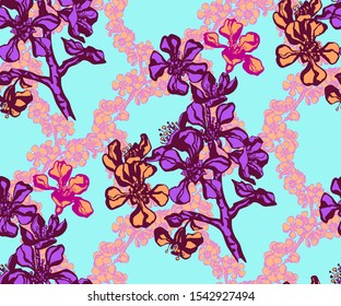 Seamless floral pattern with Japanese quince flowers and ornamental decorative background. Vector pattern. Print for textile, cloth, wallpaper, scrapbooking