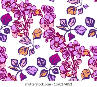 Seamless floral pattern with Japanese quince flowers and ornamental decorative background. Vector pattern. Print for textile, cloth, wallpaper, scrapbooking