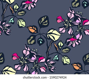 Seamless floral pattern with Japanese quince flowers and ornamental decorative background. Vector pattern. Print for textile, cloth, wallpaper, scrapbooking