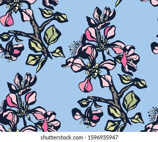 Seamless floral pattern with Japanese quince flowers and ornamental decorative background. Vector pattern. Print for textile, cloth, wallpaper, scrapbooking