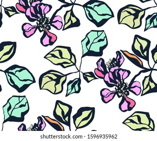 Seamless floral pattern with Japanese quince flowers and ornamental decorative background. Vector pattern. Print for textile, cloth, wallpaper, scrapbooking