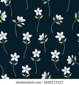 seamless floral pattern of jasmine flowers. white floral over gray background. Small flower pattern for fashion, wrapping, printing on fabrics and surface.