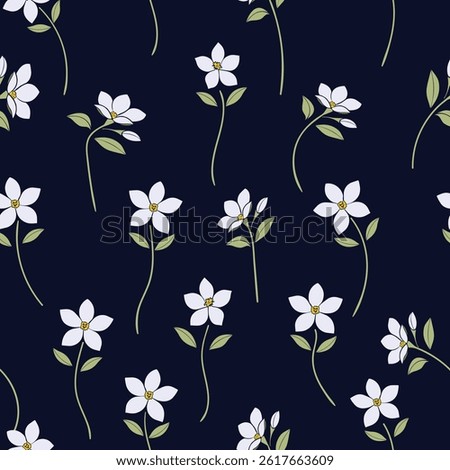 seamless floral pattern of jasmine flowers. white floral over dark blue background. Small flower pattern for fashion, wrapping, printing on fabrics and surface.