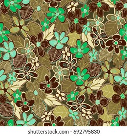 seamless floral pattern with khaki and green colors.hand drawn flowers.vector illustrations.