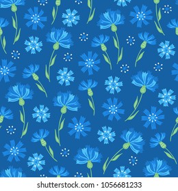 Seamless floral pattern with knapweed on blue background. Perfect for summer greeting cards and wedding invitation