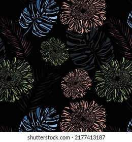 Seamless floral pattern of kombu green color, blast off bronze color gerbera flower with lapis lazuli color swiss cheese plant leaf and dark purple color palm tree leaf on black background.