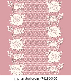 Seamless floral pattern. Lace mesh texture with roses and leaves. Vector pink and white background.