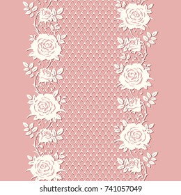 Seamless floral pattern. Lace texture with roses and leaves. Vector pink background.