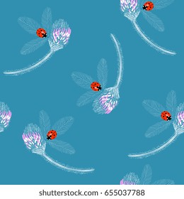 Seamless floral pattern with ladybugs and silhouettes of wild clover. On turquoise blue background.