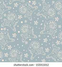 Seamless floral pattern with lambs on blue background