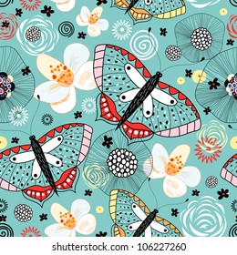 Seamless floral pattern with large butterflies