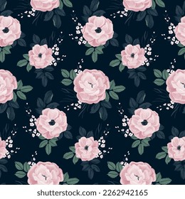 Seamless floral pattern with large flowers in vintage style. Beautiful flower print, botanical design with delicate hand drawn flowers, leaves in bouquets on a dark background. Vector illustration.