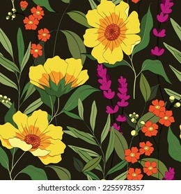 Seamless floral pattern with large hand drawn wild plants in vintage style. Beautiful botanical print with yellow cosmos flowers, small flowers, leaves, herbs on green background. Vector illustration.