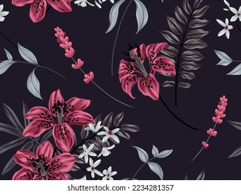 Seamless floral pattern with large lilies, tropical flowers, leaves on a dark background. Elegant botanical print, vintage flower design with hand drawn exotic plants. Vector illustration.