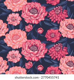 Seamless floral pattern with large peonies and leaves on deep navy background. Bold pink tones and dense composition create elegant repeat, perfect for textiles, wallpaper and packaging