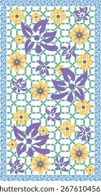 Seamless floral pattern with large purple and yellow flowers, green geometric background, and blue ornamental border, decorative textile design inspired by folk art
