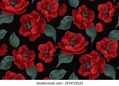 Seamless floral pattern. Large red flowers and leaves on a dark background. Vector illustration.