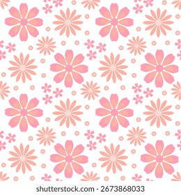 Patrón floral sin fisuras con Grandes y Pequeñas margaritas estilizadas en rosa y beige sobre un fondo blanco. Diseño para textiles y prendas de vestir, Fondo de pantalla, papel de regalo, papelería y papeles digitales.