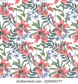 Seamless floral pattern with large tropical flowers, leaves in pastel colors. Elegant flower print with exotic plants: pink lily, various foliage on a white background. Vector botanical illustration.