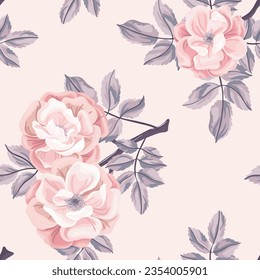 Seamless floral pattern with large watercolor rosehip flowers in delicate winter colors. Botanical design with hand drawn realistic flowers, leaves, branches on a light background. Vector illustration