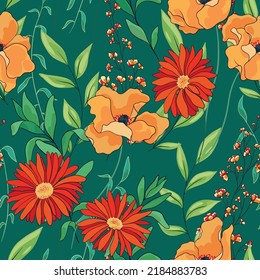 Seamless floral pattern with large wild flowers, leaves, herbs on a green field. Beautiful botanical background, ditsy print with hand drawn decorative plants. Vector illustration.