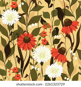 Seamless floral pattern with large wild flowers, lush foliage in vintage style. Vector illustration.