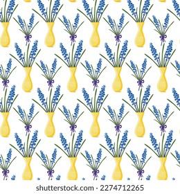 Seamless floral pattern of lavender bouquets in a vase on a white background. Vector illustration for decoration, postcards, print