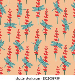 Seamless floral pattern with lavender and dragonfly. Creative garden texture for fabric, wrapping, textile, wallpaper, apparel. Vector illustration