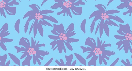 Seamless Floral Pattern with Lavender Flowers and Soft Pink Centers on Light Blue Background. Print, wallpaper, clipart, wall art.