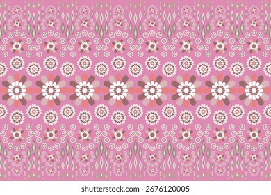 Patrón floral sin fisuras con flores en capas de color rosa, blanco y marrón sobre un fondo rosa brillante. Diseño decorativo y vibrante ideal para tela, Fondo de pantalla y papel de regalo.