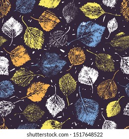 Seamless floral pattern with leaf prints. Botanic background. Bright foliage. Forest texture. Real tree leaves. Birch.