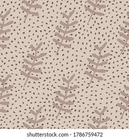 Seamless floral pattern with leafs branches. Botanic ornament in pastel beige tones. Light background with dots. Great for wrapping paper, textile, fabric print and wallpaper. Vector illustration.