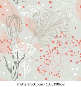 Seamless floral pattern with leaves and berries