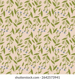 Seamless Floral Pattern with Leaves and Blue Flowers. Elegant green leaves and delicate blue flowers on a light beige background. Ideal for textile, wallpaper, and stationery design.