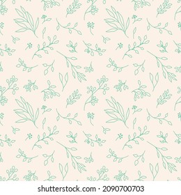 Seamless floral pattern with leaves and branches drawn in a doodle style. Green plants and leaves on a light background. Design for fabric, wrapping paper, wallpapers,  textile, etc.