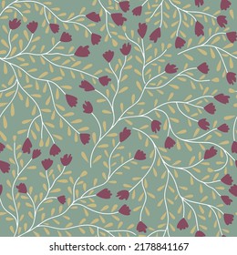 Seamless floral pattern with leaves and branches. Vector flowers and branches on the green background.