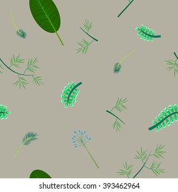 Seamless floral pattern with leaves, branches and flowers. Green, light green, dark green, light blue, light brown background.