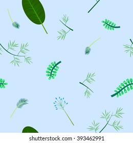 Seamless floral pattern with leaves, branches and flowers. Green, light green, dark green, light blue, light blue background.