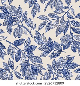 Seamless floral pattern with leaves. Cocoa plant branches. Blue