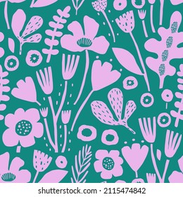 Seamless Floral  Pattern With Leaves And Cutout Flowers. Jungle Green And Lilac Summer Background. Perfect For Fabric Design, Wallpaper, Apparel. Vector Illustration