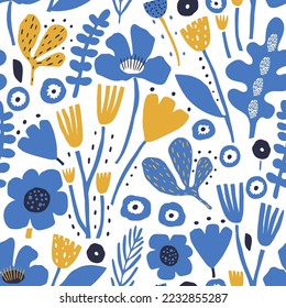 Seamless floral  pattern with leaves and cutout flowers in Ukrainian colors. Blue and  yellow botanicla background. Perfect for fabric design, wallpaper, apparel. Vector illustration