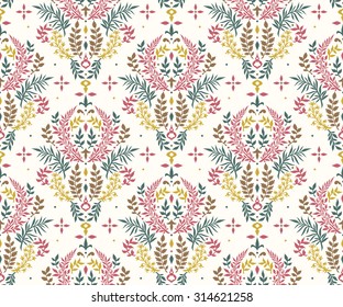 Seamless floral pattern with leaves. Damask style. Textured background for your design projects, textile, wrapping, wallpaper, web