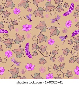 Patrón floral sin soldadura de hojas, libélulas, plumas. Ilustración de material vectorial eps10. 